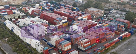 Aerial view of stacked shipping containers