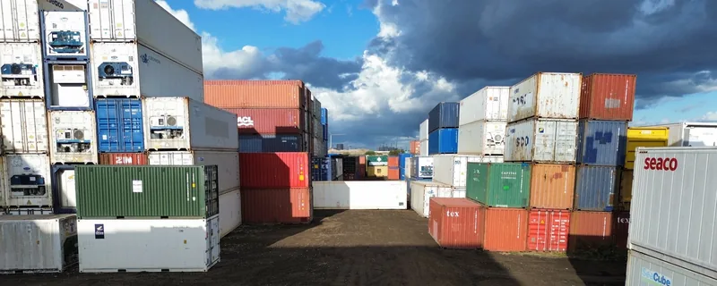 Aerial view of stacked shipping containers