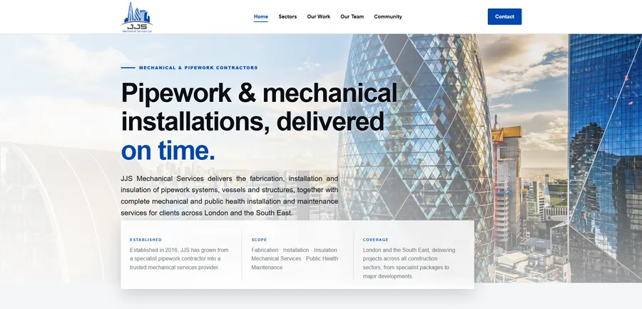 The redeveloped JJS Mechanical Services homepage, headed 'Pipework and mechanical installations, delivered on time.'